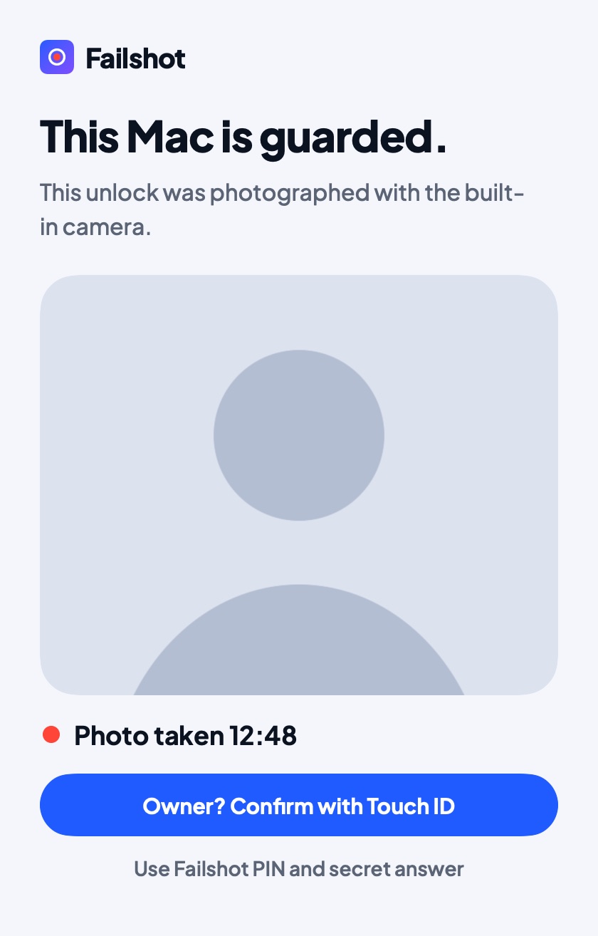 Failshot's guarded window on a Mac after an unlock