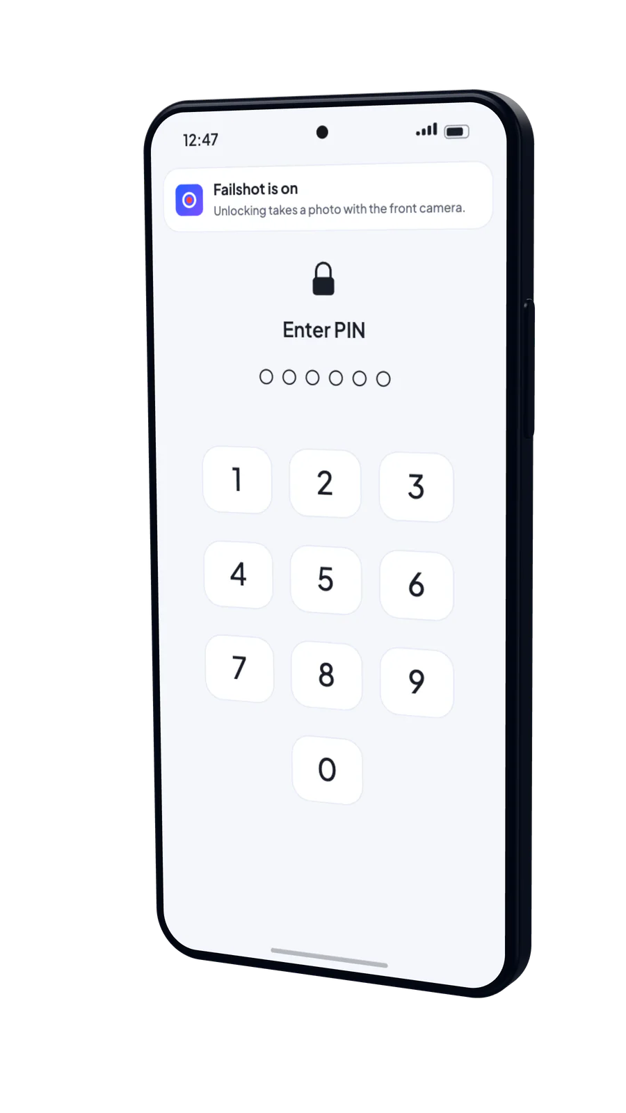 A phone asking for its PIN, with a notice at the top: Failshot is on.