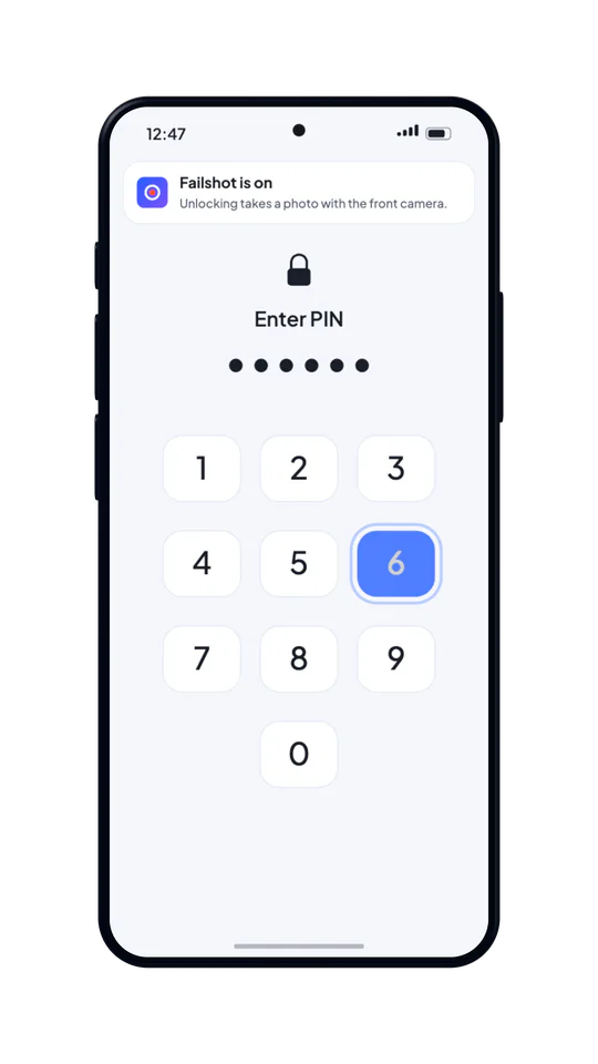 The passcode 123456 typed in, all six dots filled.