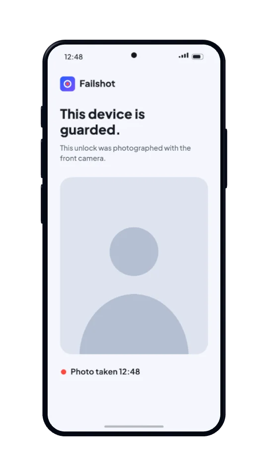 The phone unlocked into Failshot, which has just taken a photo with the front camera.