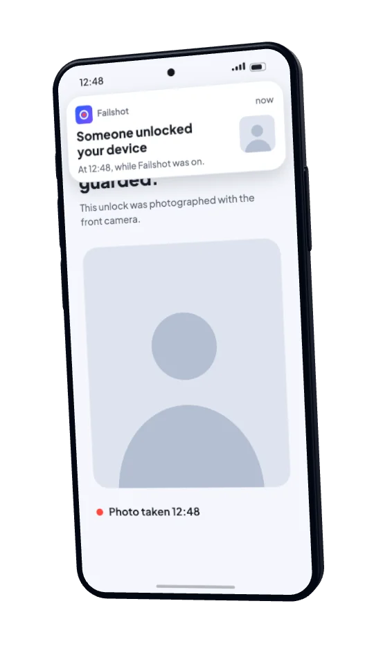 An alert on the phone: Someone unlocked your device, at 12:48, while Failshot was on.